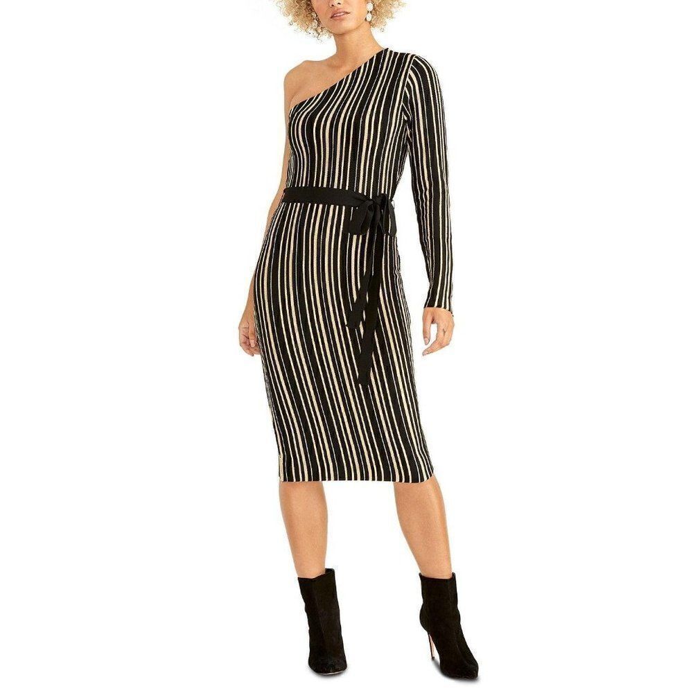 Rachel Roy Black/Gold Belted One-Shoulder Dress S